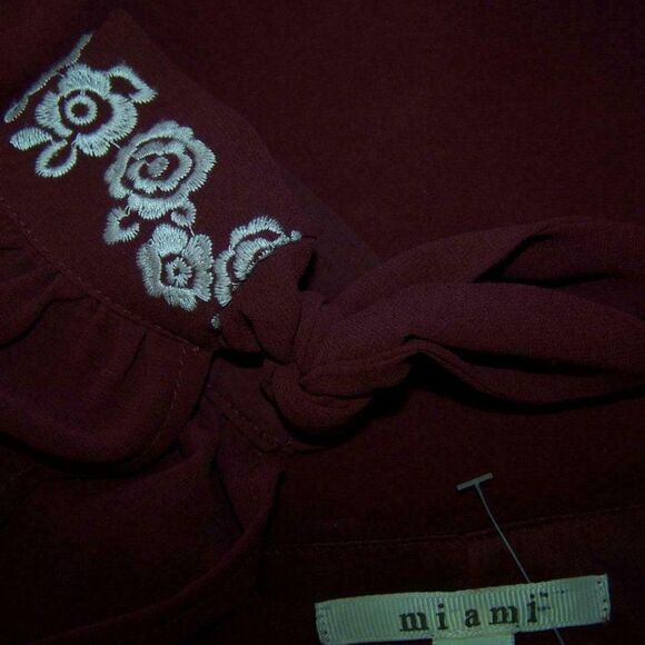 Miami Dress XS Cold Shoulder Long Tie Cuff Embroidered Sleeve Chiffon Burgundy - Picture 10 of 10